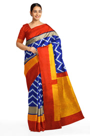 Ikat pure silk saree in blue in zigzag pattern and a zari border with  contrast pallu