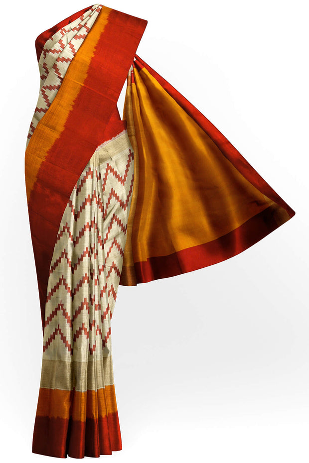 Ikat pure silk saree in off white in zigzag pattern