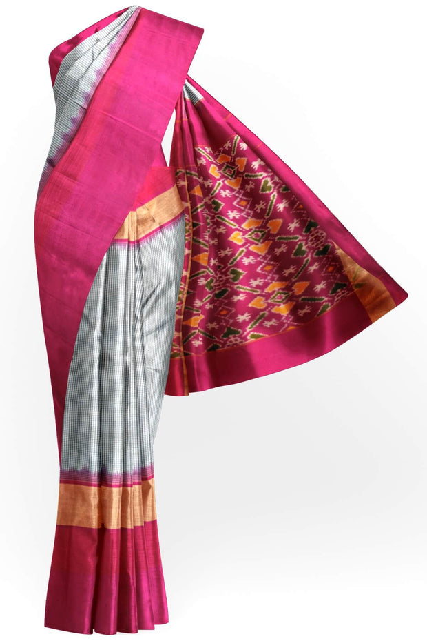 Handwoven Ikat pure silk saree in blue in  fine checks with a contrast pallu