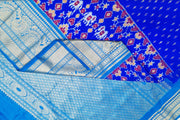 Ikat pure silk saree in blue with small motifs & a skirt border with elephant motifs.