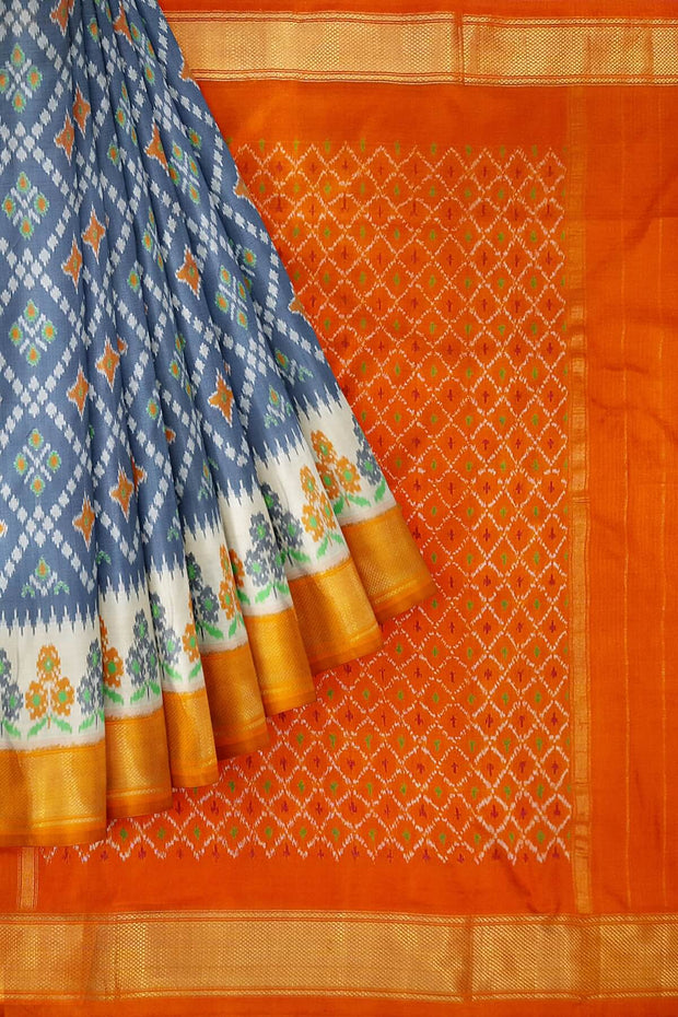 Ikat pure silk saree in grey & orange in diamond pattern