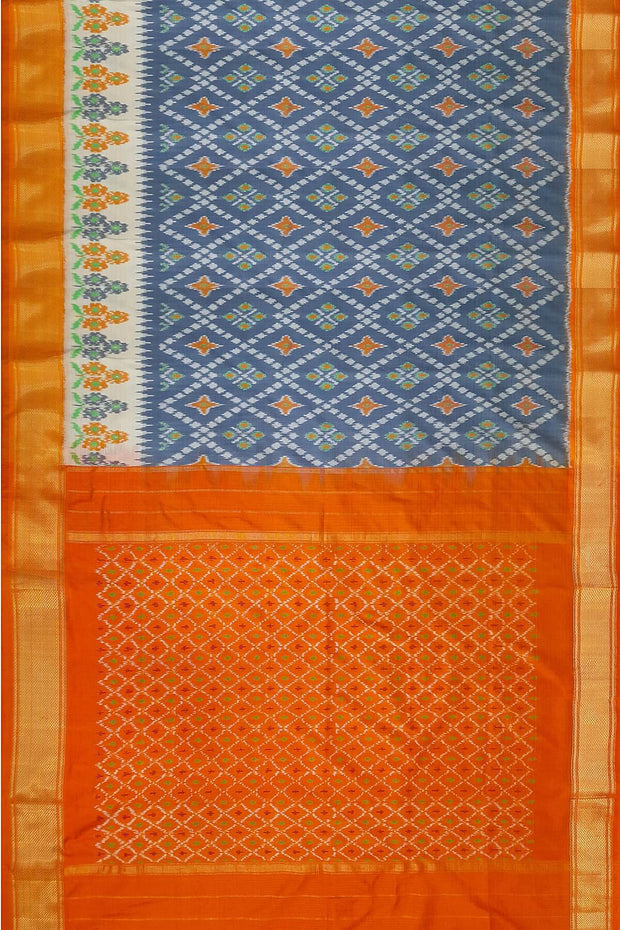 Ikat pure silk saree in grey & orange in diamond pattern