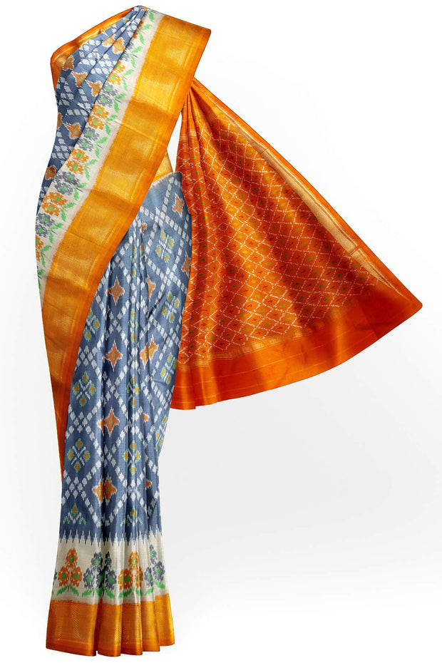 Ikat pure silk saree in grey & orange in diamond pattern