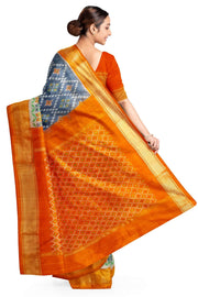 Ikat pure silk saree in grey & orange in diamond pattern