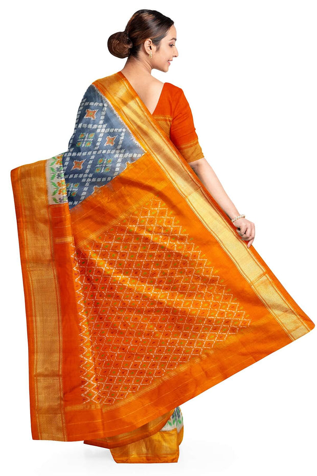 Ikat pure silk saree in grey & orange in diamond pattern