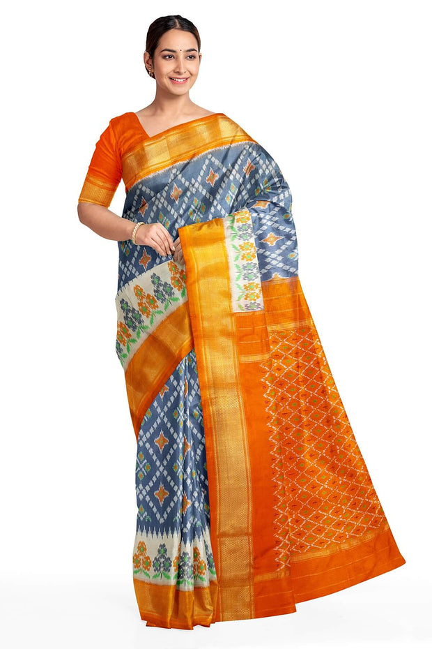 Ikat pure silk saree in grey & orange in diamond pattern
