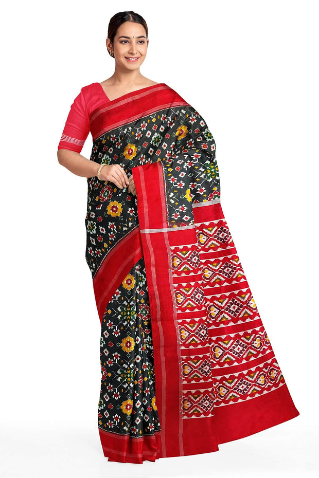 Ikat pure silk saree in black  in navratan pattern