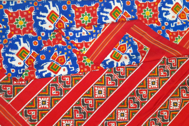 Double ikat pure silk saree in  blue in  chabdi kunj  pattern
