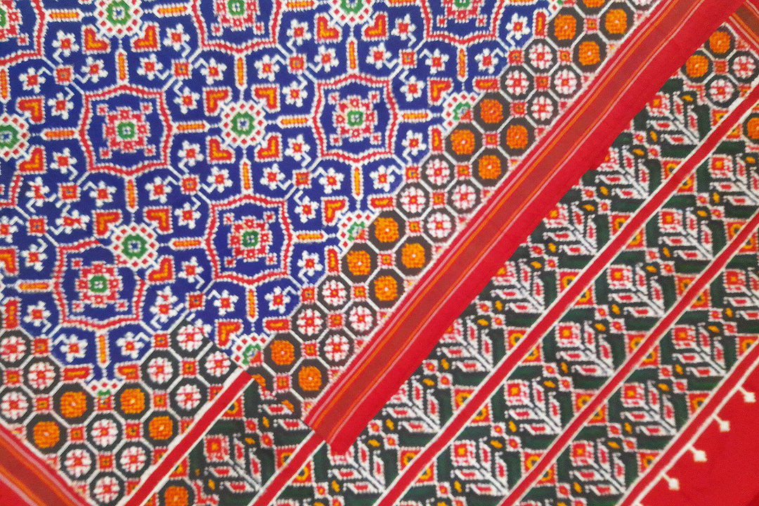 Double ikat pure silk saree in royal blue in patan patola  pattern