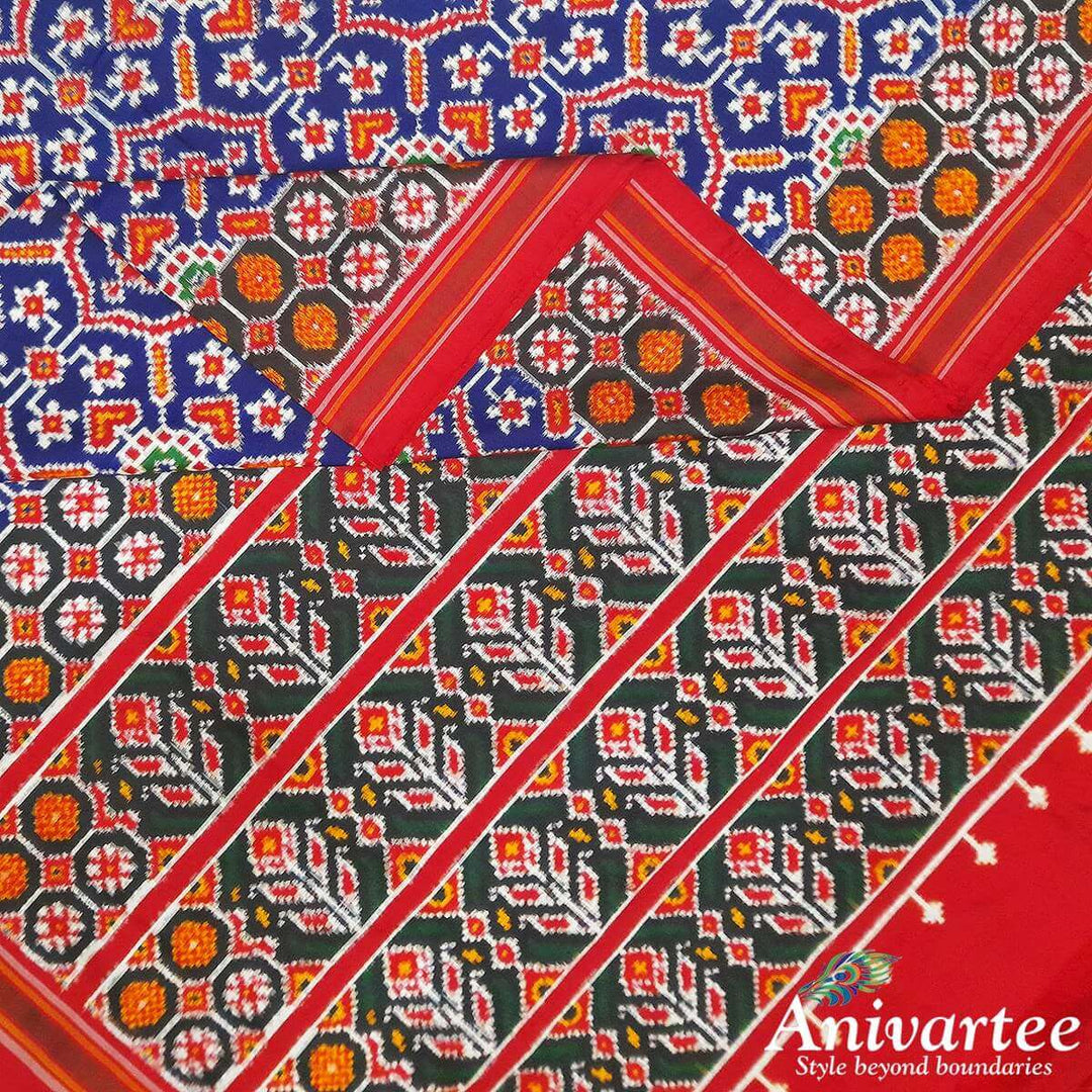 Double ikat pure silk saree in royal blue in patan patola  pattern