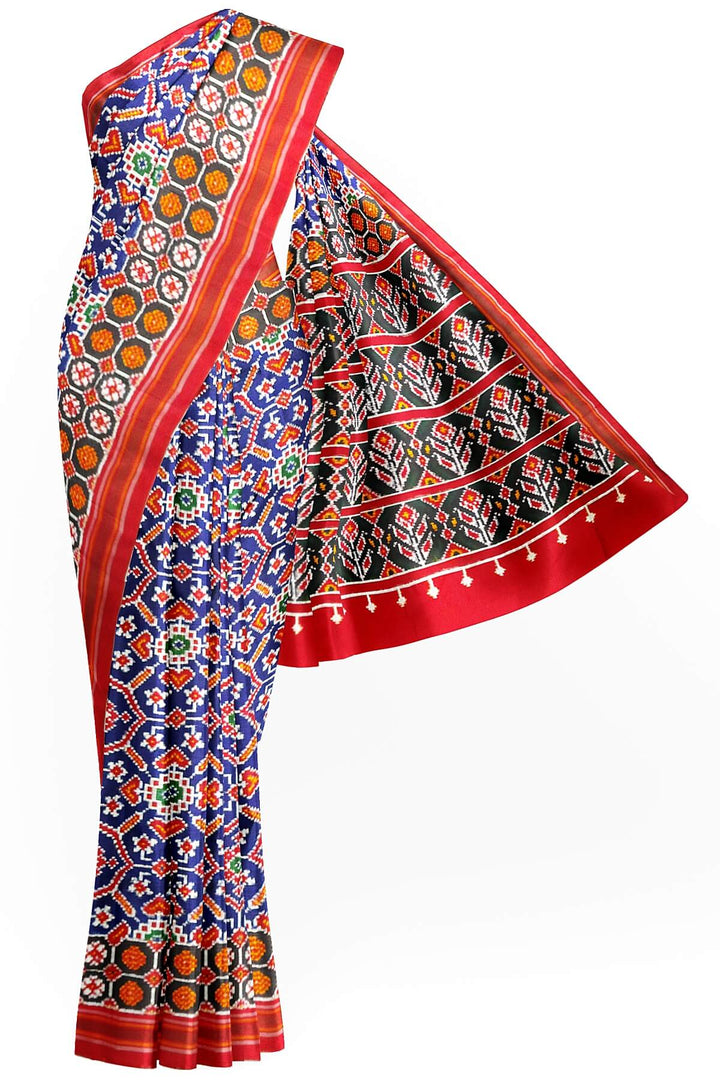 Double ikat pure silk saree in royal blue in patan patola  pattern