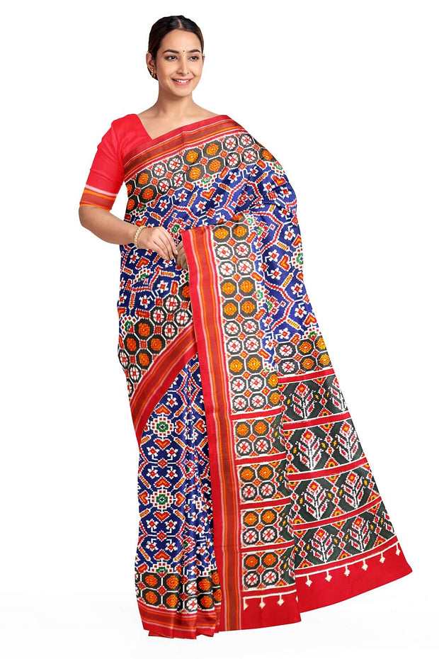 Double ikat pure silk saree in royal blue in patan patola  pattern