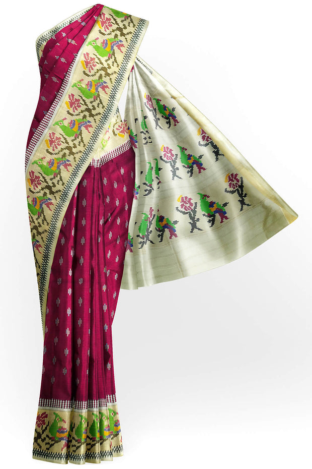 Ikat pure silk saree in magenta  with small motifs