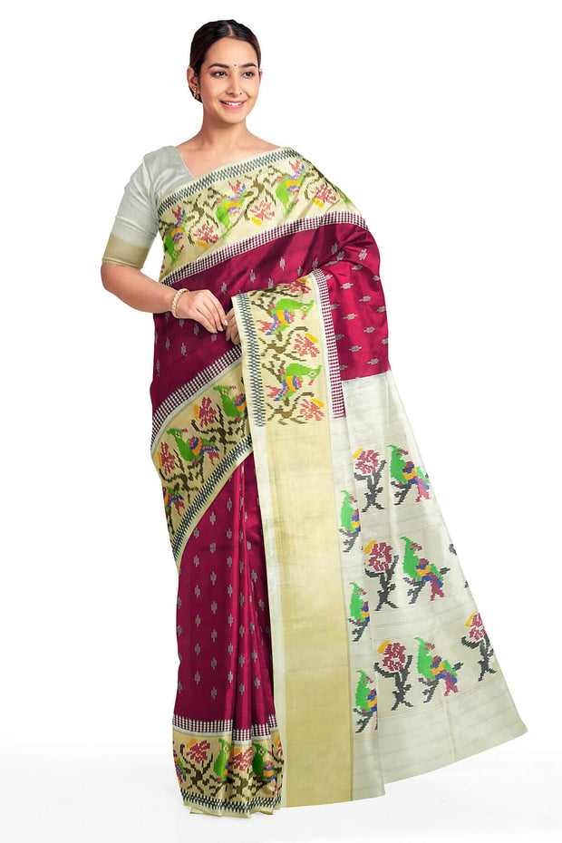Ikat pure silk saree in magenta  with small motifs