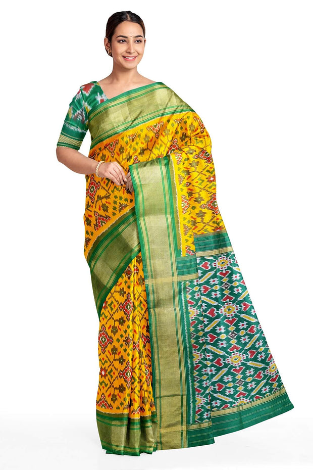 Ikat pure silk saree in mango yellow in navratan  pattern