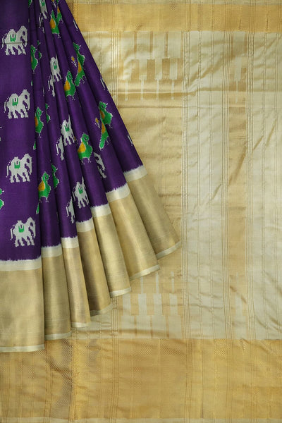 Ikat pure silk saree in purple with elephant & bird motifs