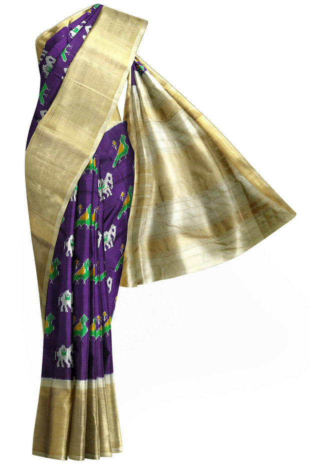 Ikat pure silk saree in purple with elephant & bird motifs