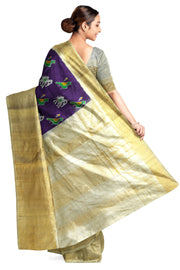 Ikat pure silk saree in purple with elephant & bird motifs