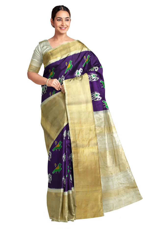 Ikat pure silk saree in purple with elephant & bird motifs