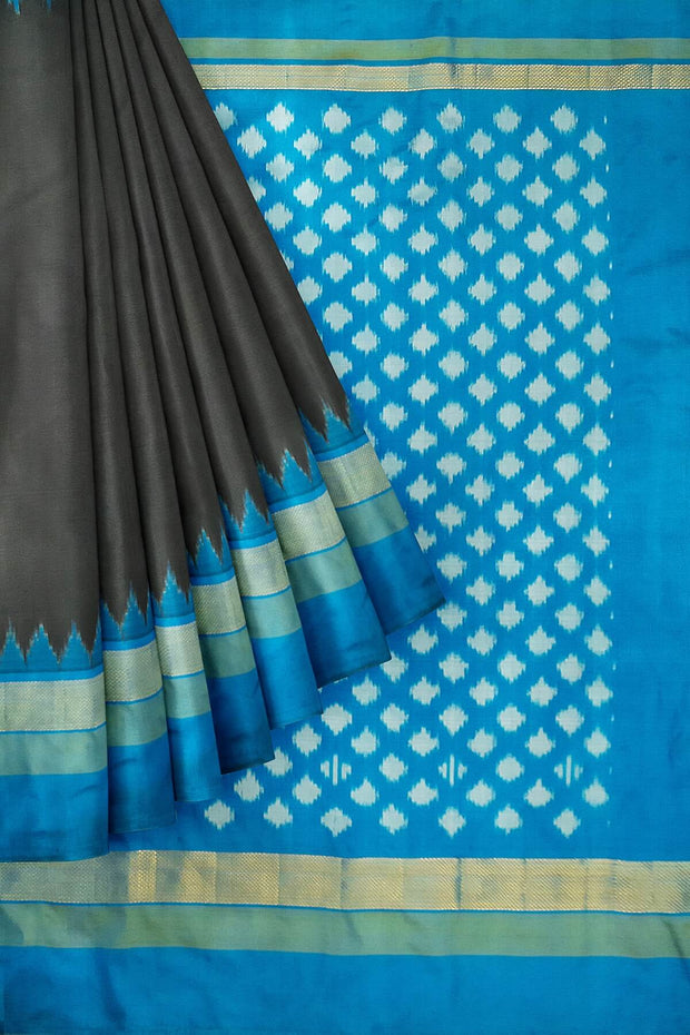 Ikat pure silk saree in black with patterned pallu & blouse