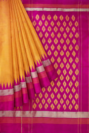 Ikat pure silk saree in mango yellow with patterned pallu & blouse