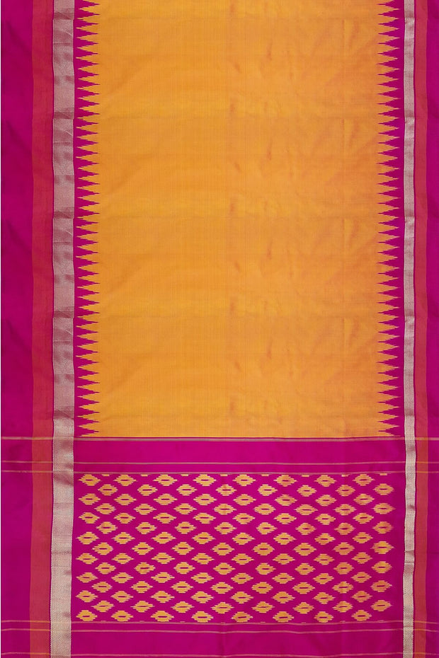 Ikat pure silk saree in mango yellow with patterned pallu & blouse