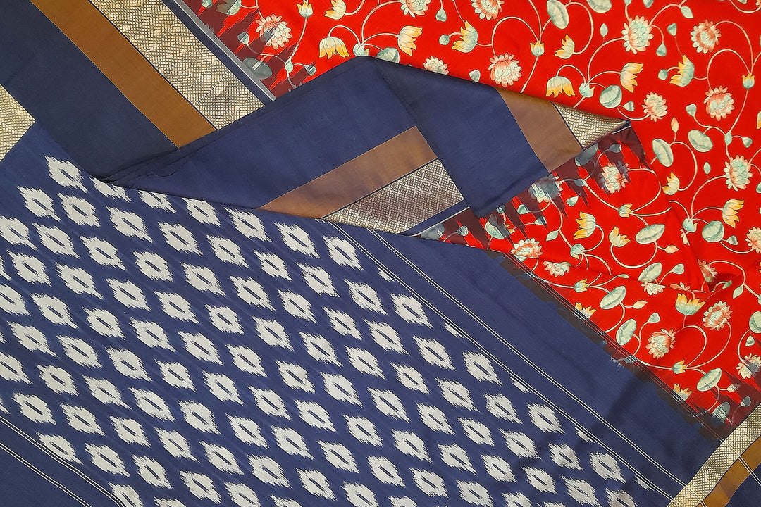 Ikat pure silk floral printed red saree  with lotus vines.
