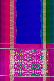 Handwoven Ikat pure silk  saree in royal blue with Ganga Jamuna  temple zari border .
