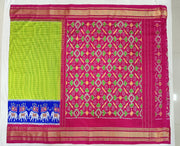 Handwoven Ikat pure silk saree in fine checks in green with elephant motifs in skirt border