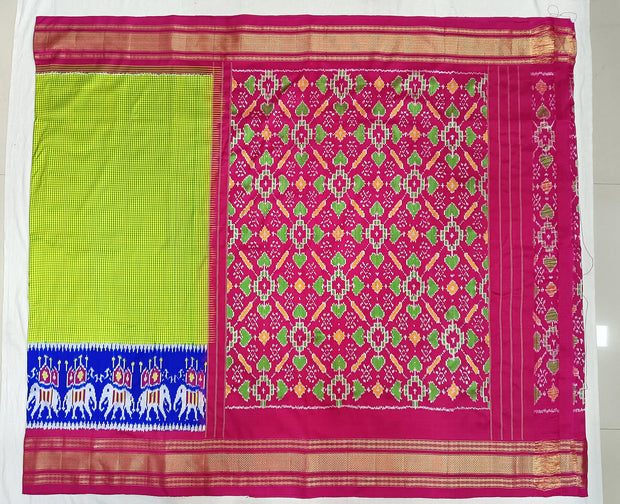 Handwoven Ikat pure silk saree in fine checks in green with elephant motifs in skirt border