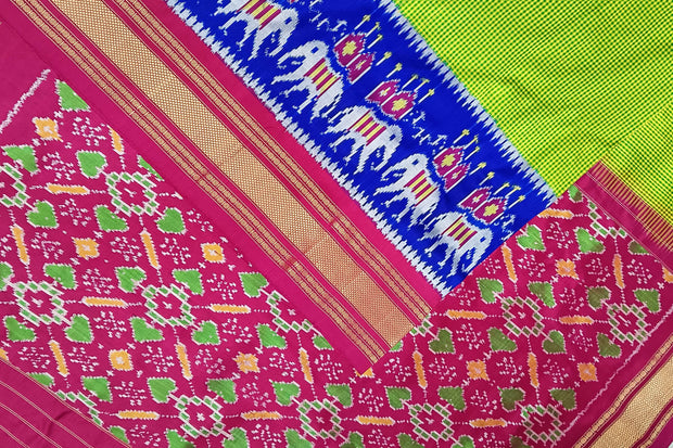 Handwoven Ikat pure silk saree in fine checks in green with elephant motifs in skirt border