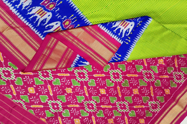 Handwoven Ikat pure silk saree in fine checks in green with elephant motifs in skirt border