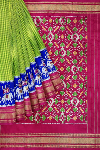 Handwoven Ikat pure silk saree in fine checks in green with elephant motifs in skirt border