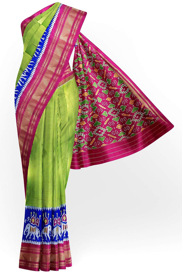 Handwoven Ikat pure silk saree in fine checks in green with elephant motifs in skirt border