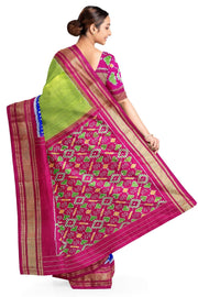 Handwoven Ikat pure silk saree in fine checks in green with elephant motifs in skirt border