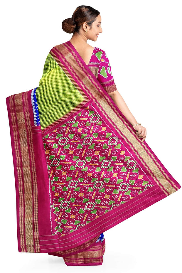 Handwoven Ikat pure silk saree in fine checks in green with elephant motifs in skirt border