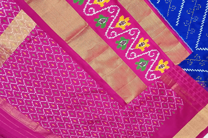 Handwoven Ikat pure silk saree in blue with diagonal lines and floral  motifs in skirt border.