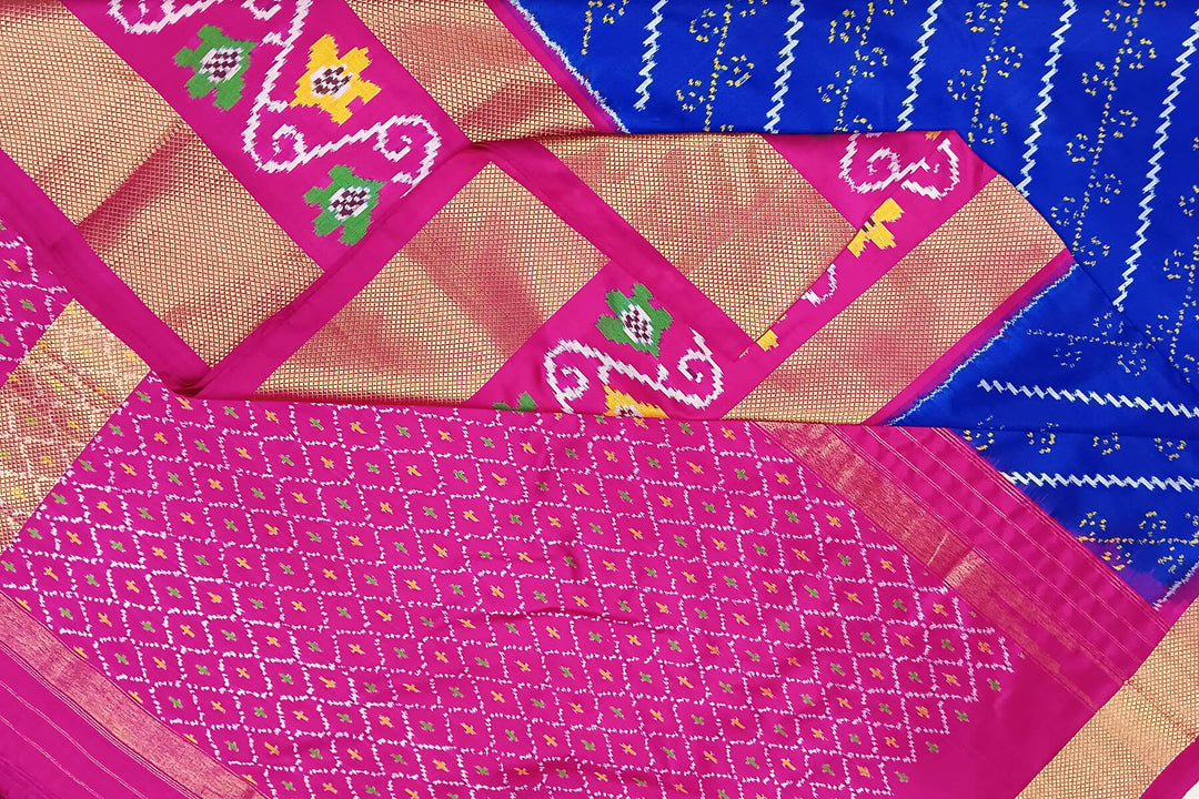 Handwoven Ikat pure silk saree in blue with diagonal lines and floral  motifs in skirt border.