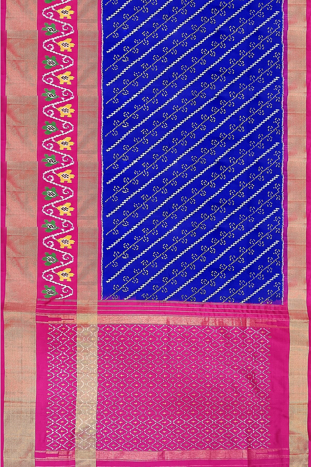 Handwoven Ikat pure silk saree in blue with diagonal lines and floral  motifs in skirt border.