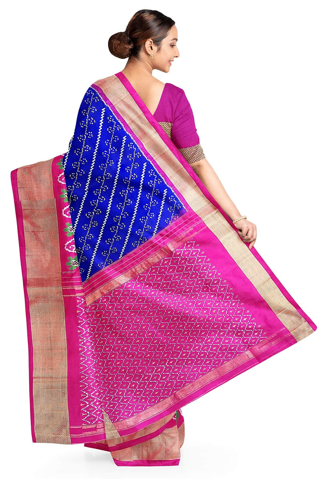 Handwoven Ikat pure silk saree in blue with diagonal lines and floral  motifs in skirt border.