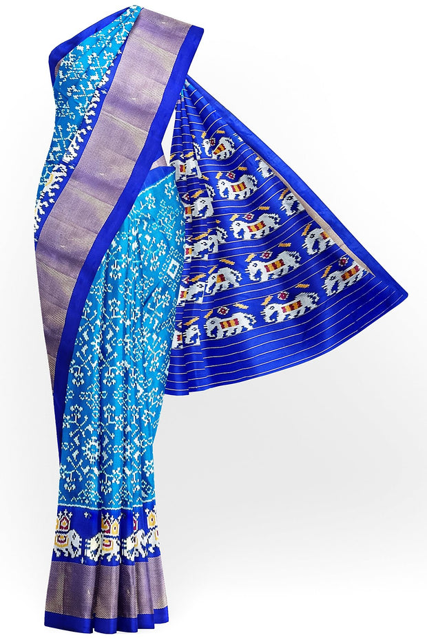 Handwoven ikat pure silk saree in  copper sulphate  blue with combination of navratan & diamond pattern.