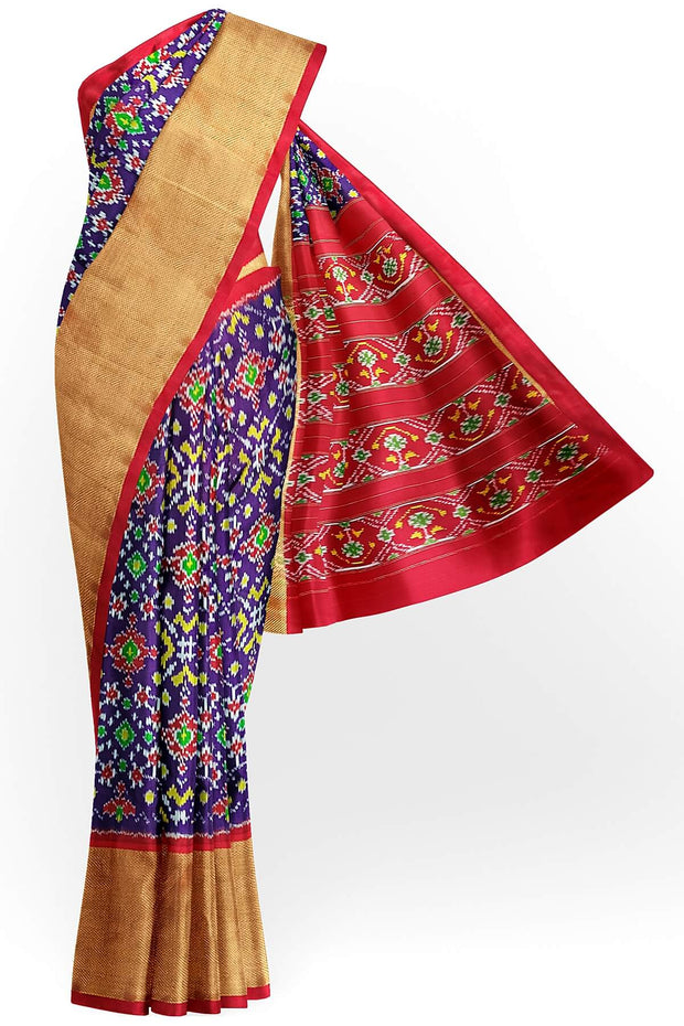 Handwoven Ikat pure silk saree in violet in navratan pattern.