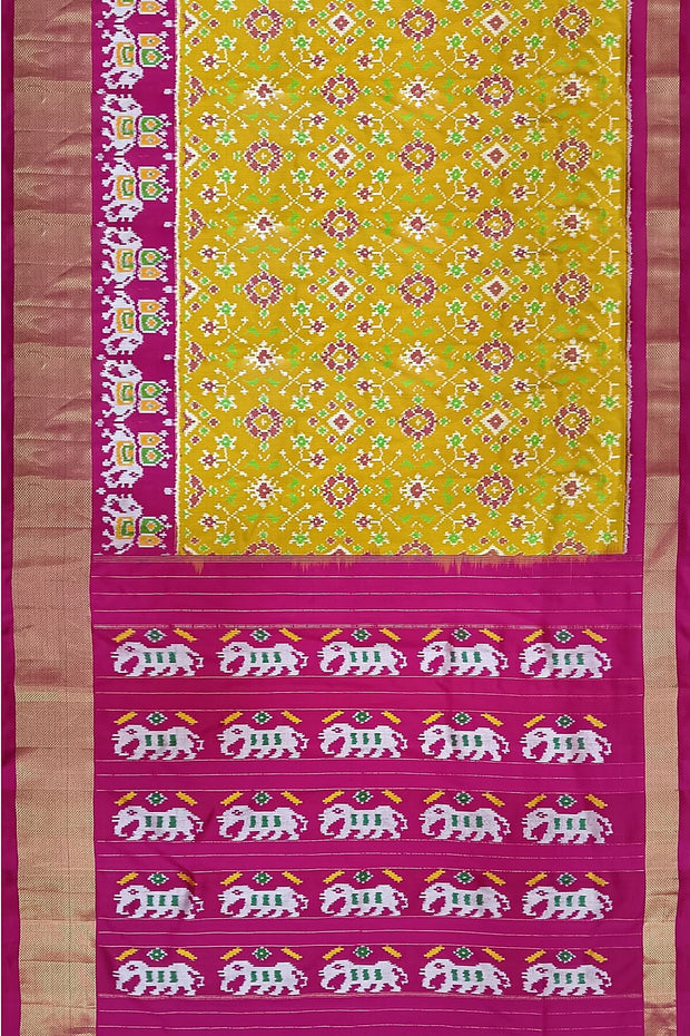 Handwoven Ikat pure silk saree in navratan pattern with a skirt border.