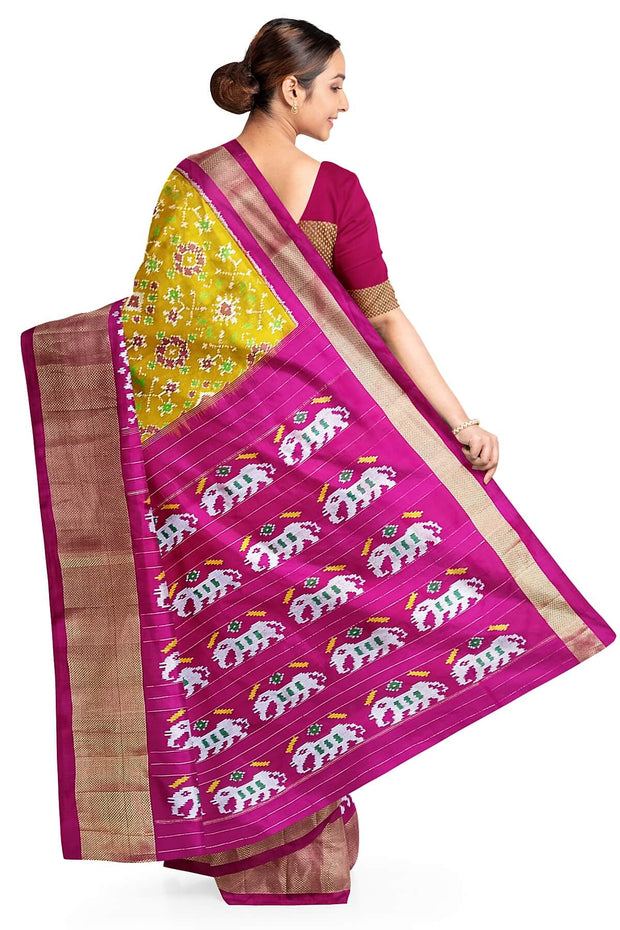 Handwoven Ikat pure silk saree in navratan pattern with a skirt border.