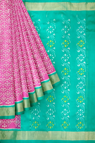 Handwoven  ikat pure silk saree in  pink with floral motifs