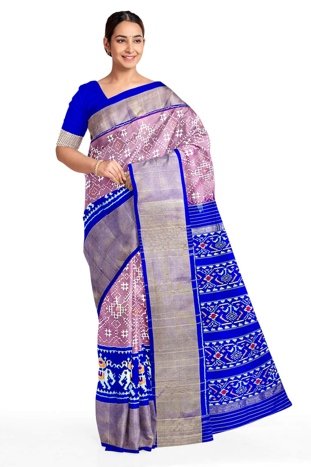 Handwoven ikat pure silk saree in mauve in pan bhat pattern
