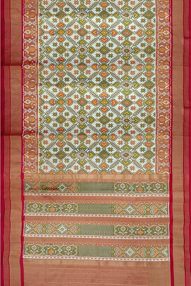Ikat silk tissue saree in off white & red in pan bhat pattern