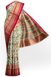 Ikat silk tissue saree in off white & red in pan bhat pattern
