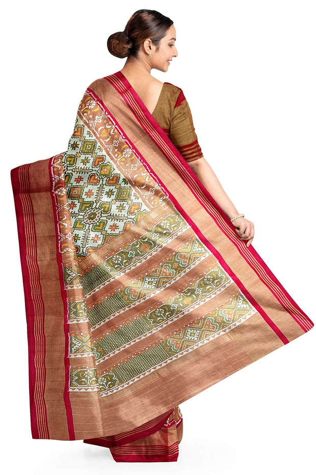 Ikat silk tissue saree in off white & red in pan bhat pattern