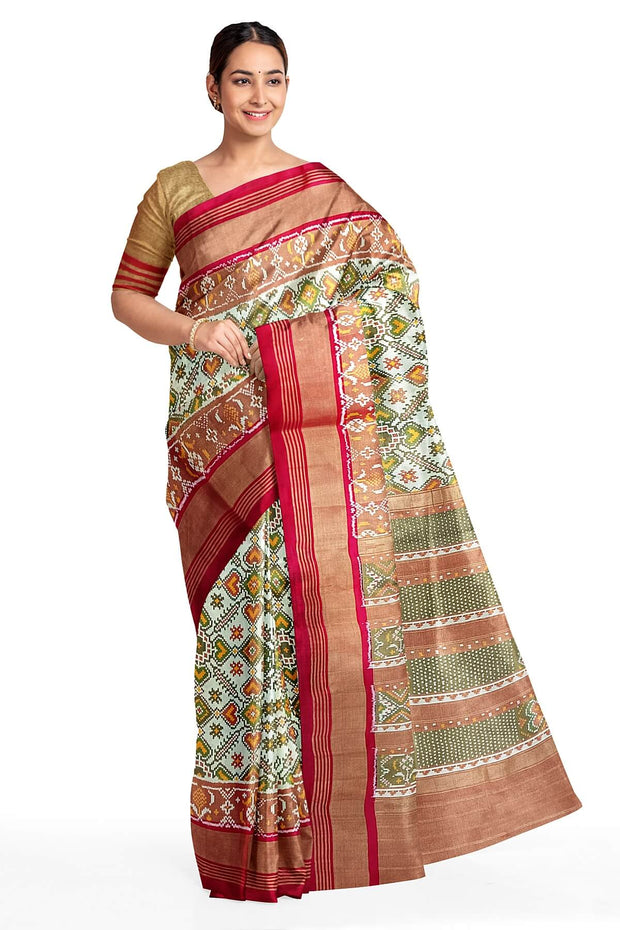 Ikat silk tissue saree in off white & red in pan bhat pattern